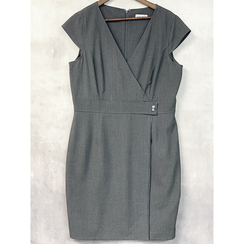 Calvin Klein Women Sheath Dress Size 14 Gray Cap Sleeve Faux Wrap Minimal Office